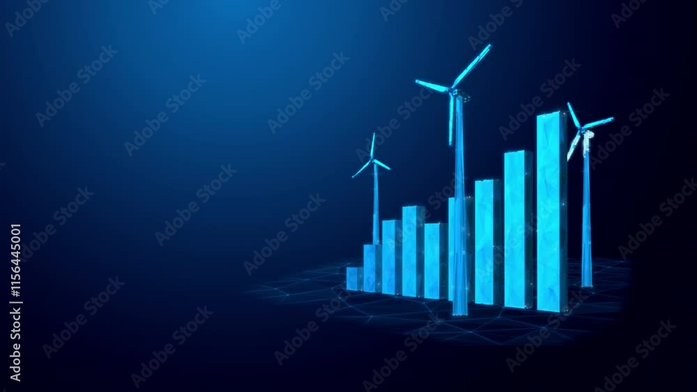 Poster rising energy production graph with wind turbines, looped animation with alpha channel for transpare