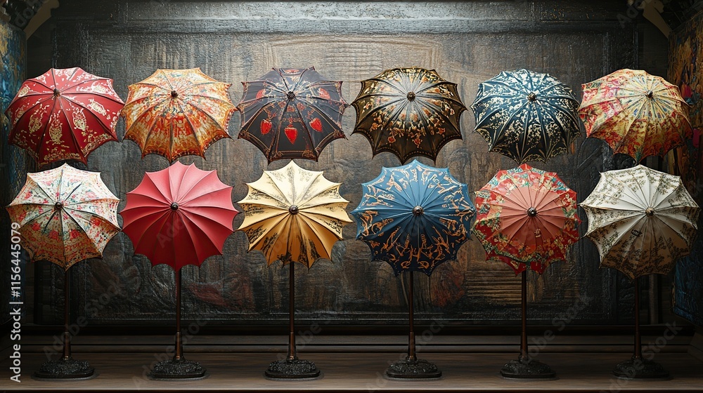 Poster a set of stylish, high-end umbrellas with unique patterns and colors, elegantly displayed on a metal