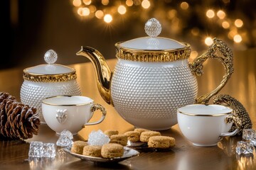 Elegant White Teapot Set with Gold Accents Surrounded by Cookies and Clear Sugar Cubes on a Festive Table with Warm Bokeh Background