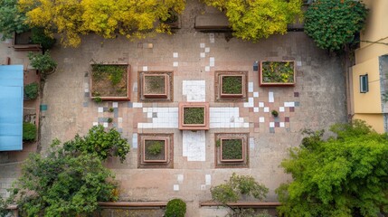 Aerial View of Outdoor Garden Layout in Soft Light