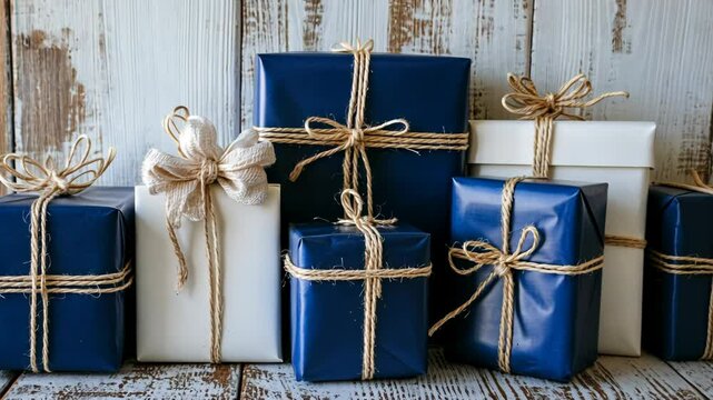 Festive collection of neatly wrapped gifts in white and navy blue colors on a rustic wooden background