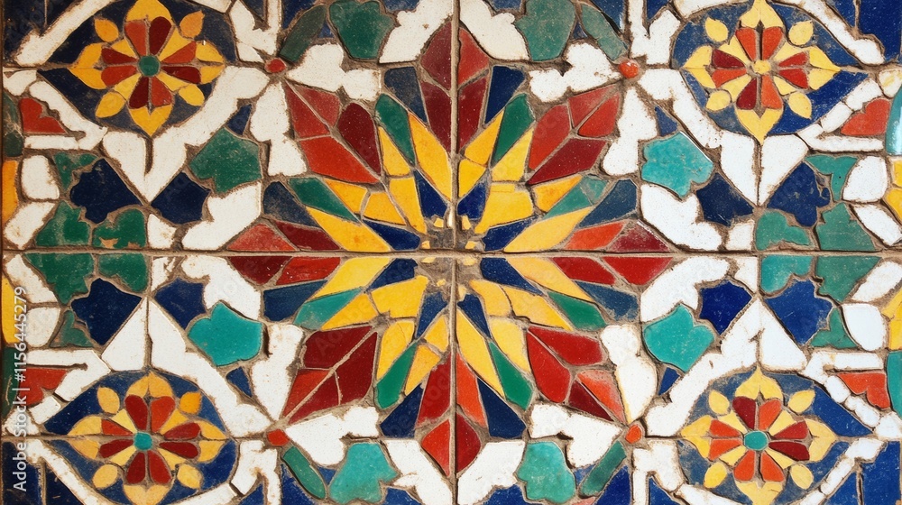 Poster a colorful tile floor with a flower pattern. the tiles are multicolored and arranged in a star shape