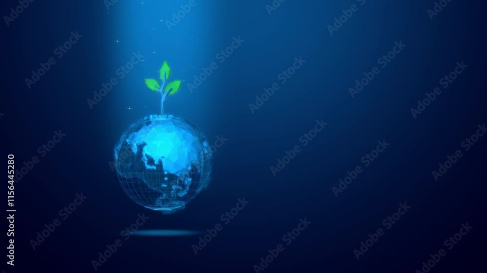 Poster digital globe sprouting green seedlings, looped animation with alpha channel for transparent backgro