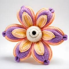 Naklejka premium A knitted soft toy in the form of a beautiful blooming flower, made of woolen threads in orange and white tones with purple inserts. White background.