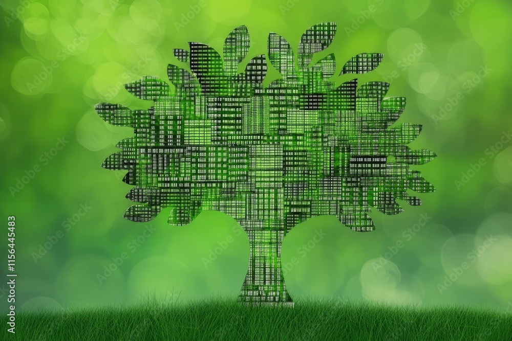 Poster a tree made of green shapes. the tree is made of many different shapes