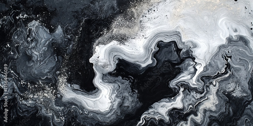 Poster High-resolution abstract image featuring black and white marble textures with fluid, organic patterns and swirls.