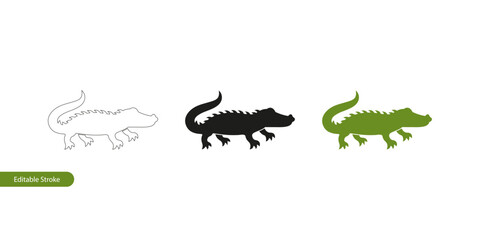 Alligator Icon Set in Various Styles: Editable Stroke Outline, Silhouette and Color