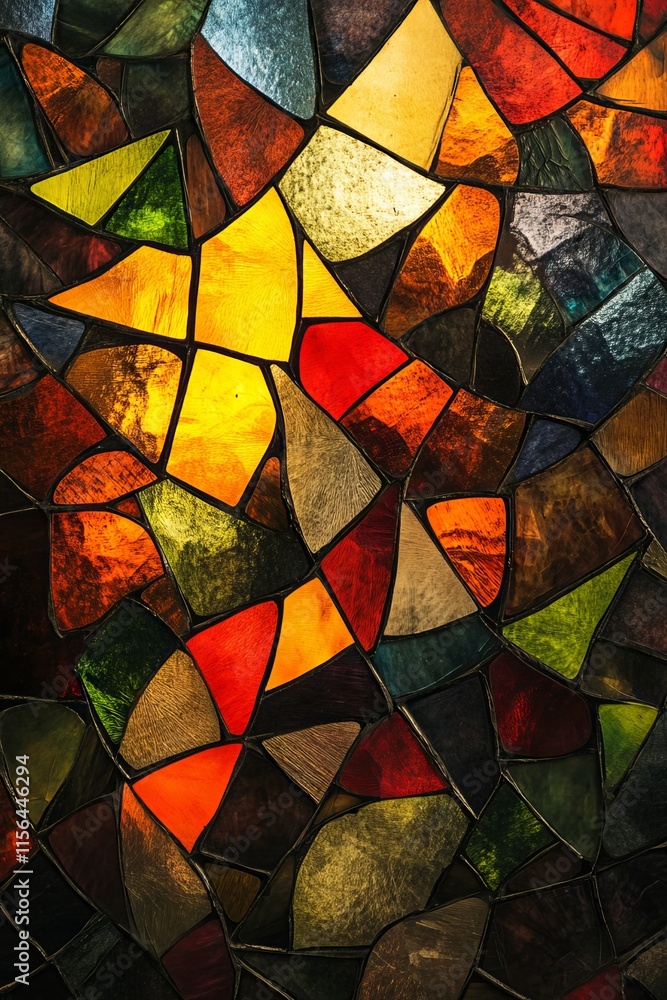 Poster a colorful stained glass window with many different colored pieces. the window is made up of many di