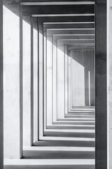 Obraz premium A striking monochrome image of a modern concrete corridor showcasing geometric shadows and light patterns.