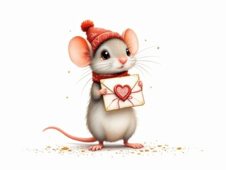 Obraz premium Mouse holding heart letter. For kids design, Valentine’s Day themes, playful illustrations.
