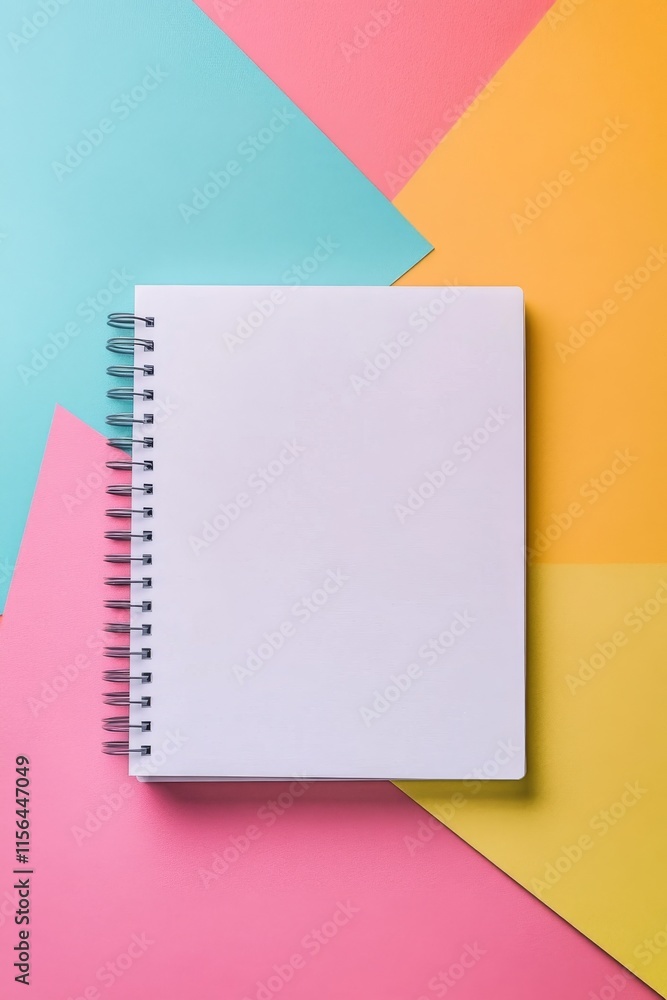 Aufkleber a spiral bound notebook sits on a colorful background. the notebook is empty, with no writing on the