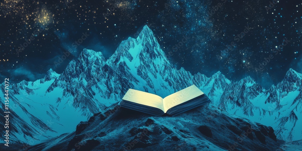 Poster a mountain range is shown with a large open book on top of it. the book is open to a page with a sta