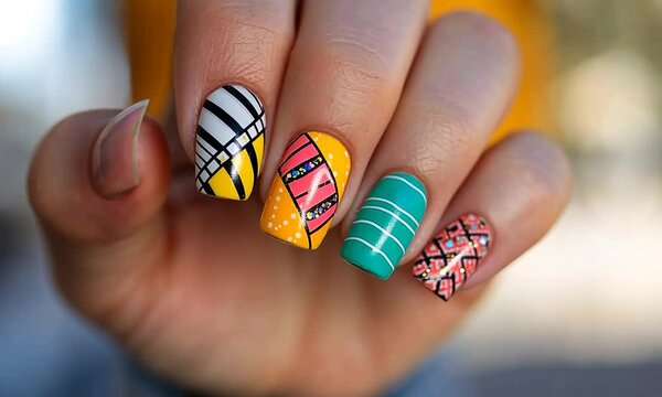 Colorful nail art featuring geometric patterns and vibrant colors.