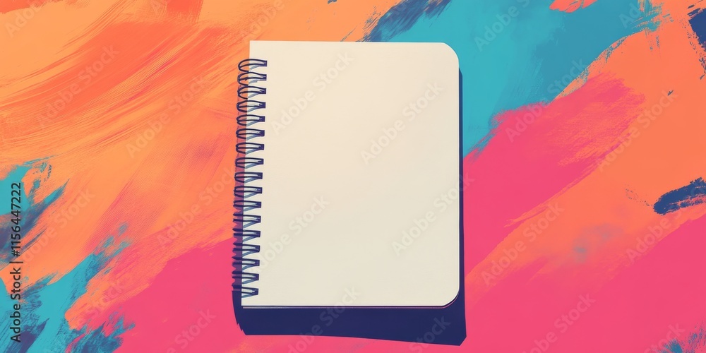 Poster a spiral notebook sits on a colorful background. the notebook is white and has a blank page. the bac