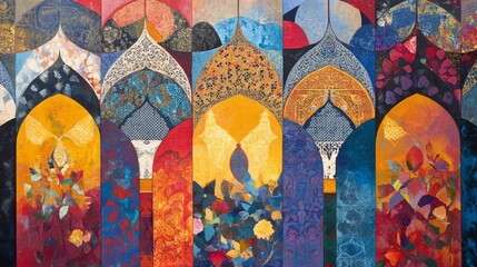 A colorful painting of arches with a yellow center. The arches are blue, red, and yellow