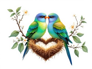 Obraz premium Two love birds in nest. For cute design, nature themes, love cards, romantic illustrations, spring.