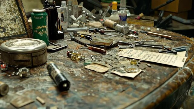 Tools and materials scattered across a workbench in a busy workshop during the afternoon