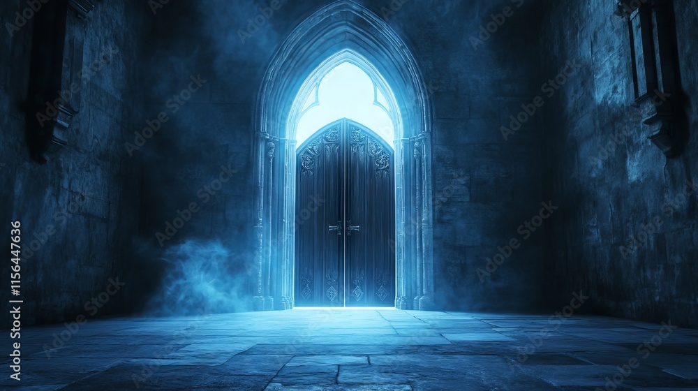 Wall mural A blue door is open in a dark room. The door is surrounded by a blue fog. The room is empty and the door is the only thing visible