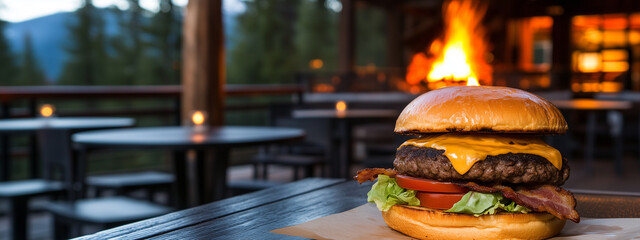 A mouthwatering bacon cheeseburger sits on a wooden table outdoors, with a warm campfire burning in the background.