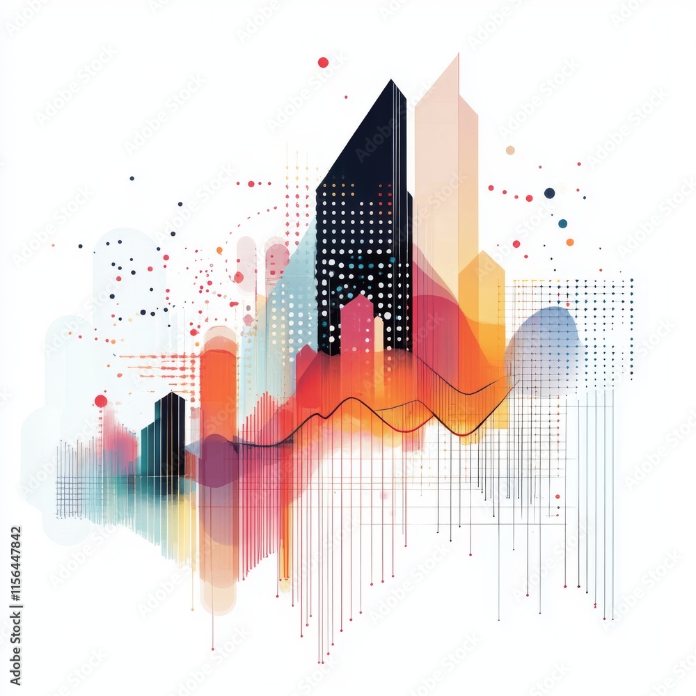 Poster a colorful cityscape with buildings and a bridge. the buildings are in different colors and sizes. t