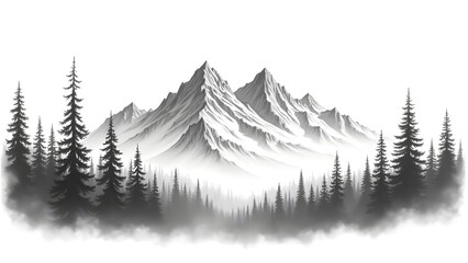 Fototapeta premium Black and White Sketch of Mountains Of Winter Seasons Covered with Snow, Beautiful Ice-Caped 