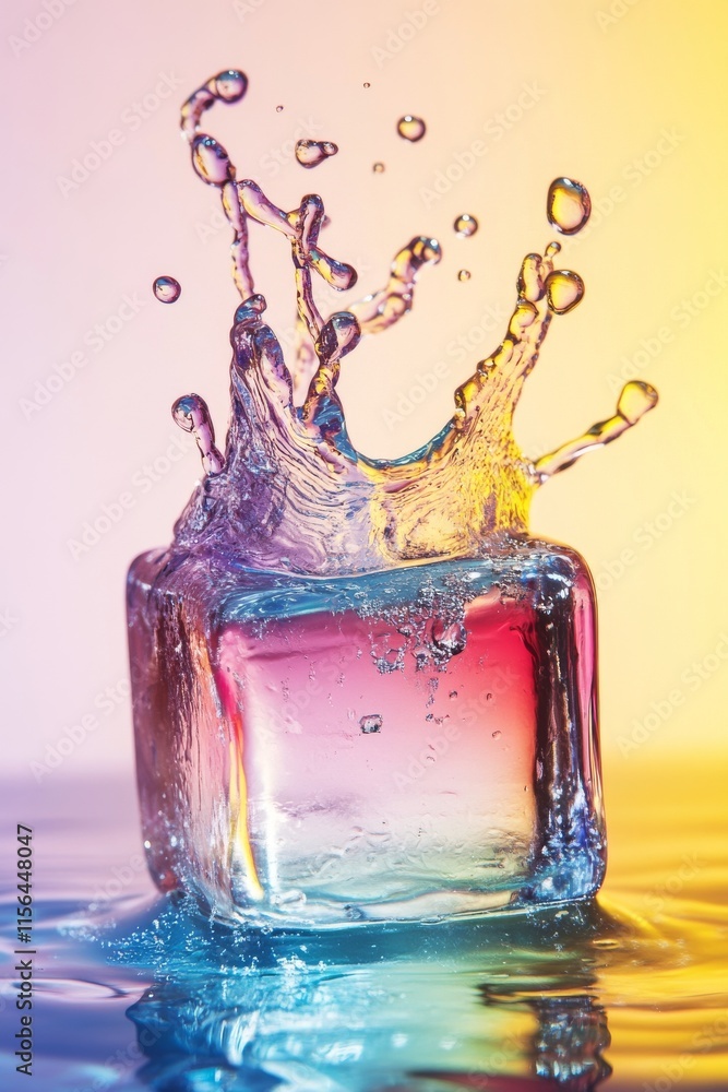 Aufkleber a splash of water is falling on top of a cube of ice. the water is a mix of colors, creating a vibra