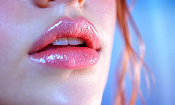Close-up of glossy lips with a soft, colorful background.