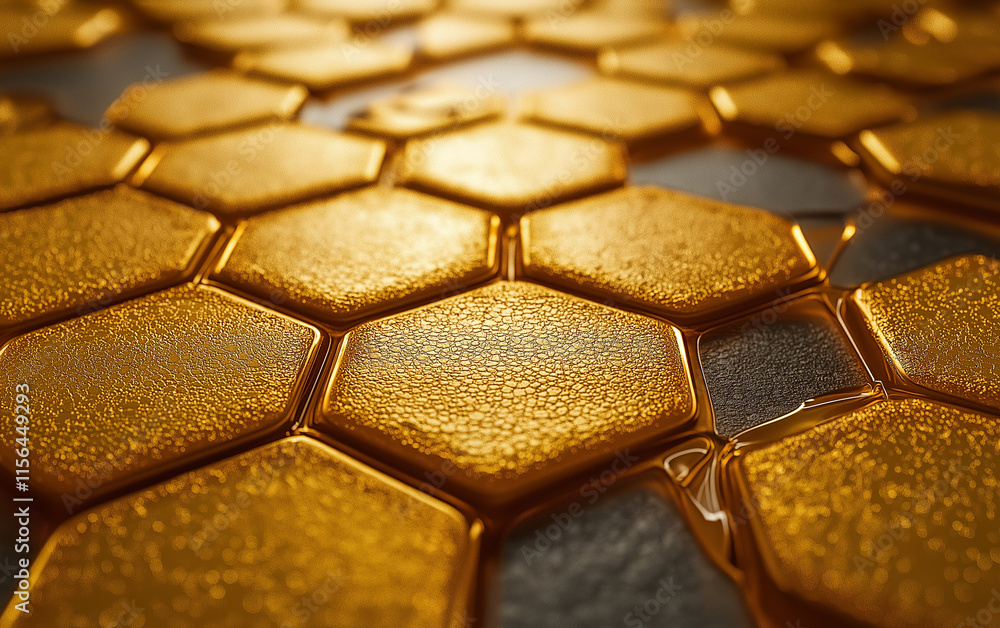 Poster honeycomb pattern close-up- golden hexagonal cells filled with thick, caramel-like liquid honey. hyp