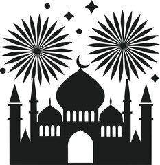 Festive Mosque Silhouette with Fireworks Vector Illustration