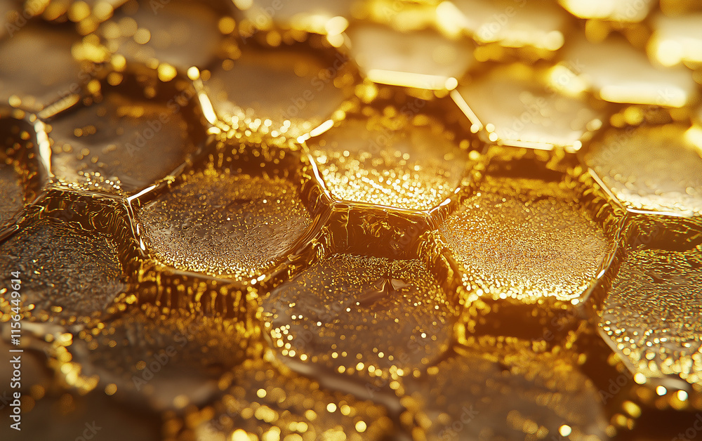 Poster honeycomb pattern close-up- golden hexagonal cells filled with thick, caramel-like liquid honey. hyp