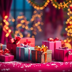 christmas, gift, box, present, ribbon, bow, decoration, holiday, celebration, birthday, xmas, gifts, red, surprise, object, package, isolated, gold, boxes, festive, new, tree, color, anniversary, orna