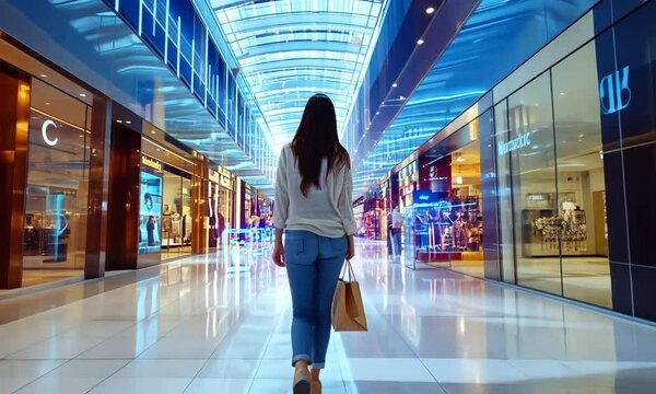 A woman walks through a futuristic shopping mall, surrounded by digital displays and lights.