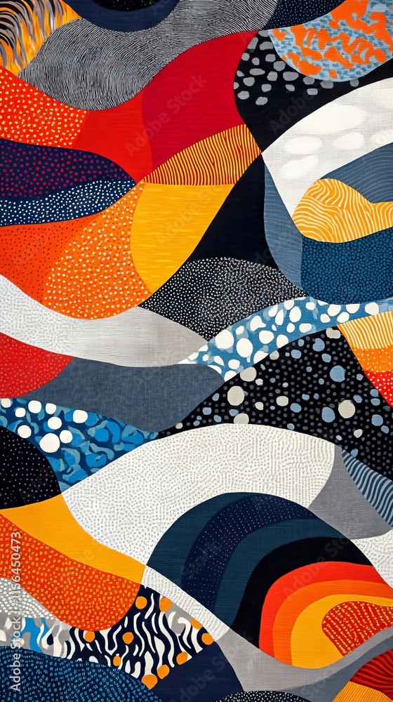 Poster a colorful abstract geometric pattern featuring dynamic shapes and textures, perfect for modern desi