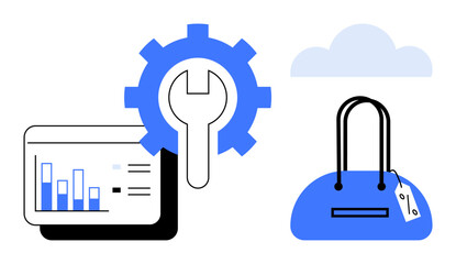 Graph with bar charts, gear with wrench, and shopping bag with tag and cloud. Ideal for e-commerce, retail analytics, digital marketing, website development, online shopping, business tools cloud