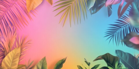 Fototapeta premium A colorful background with a green leafy border. The background is a mix of pink, blue, and yellow
