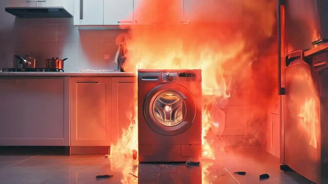 Washing machine fire in kitchen causes chaos and sparks concern for safety and home protection measures