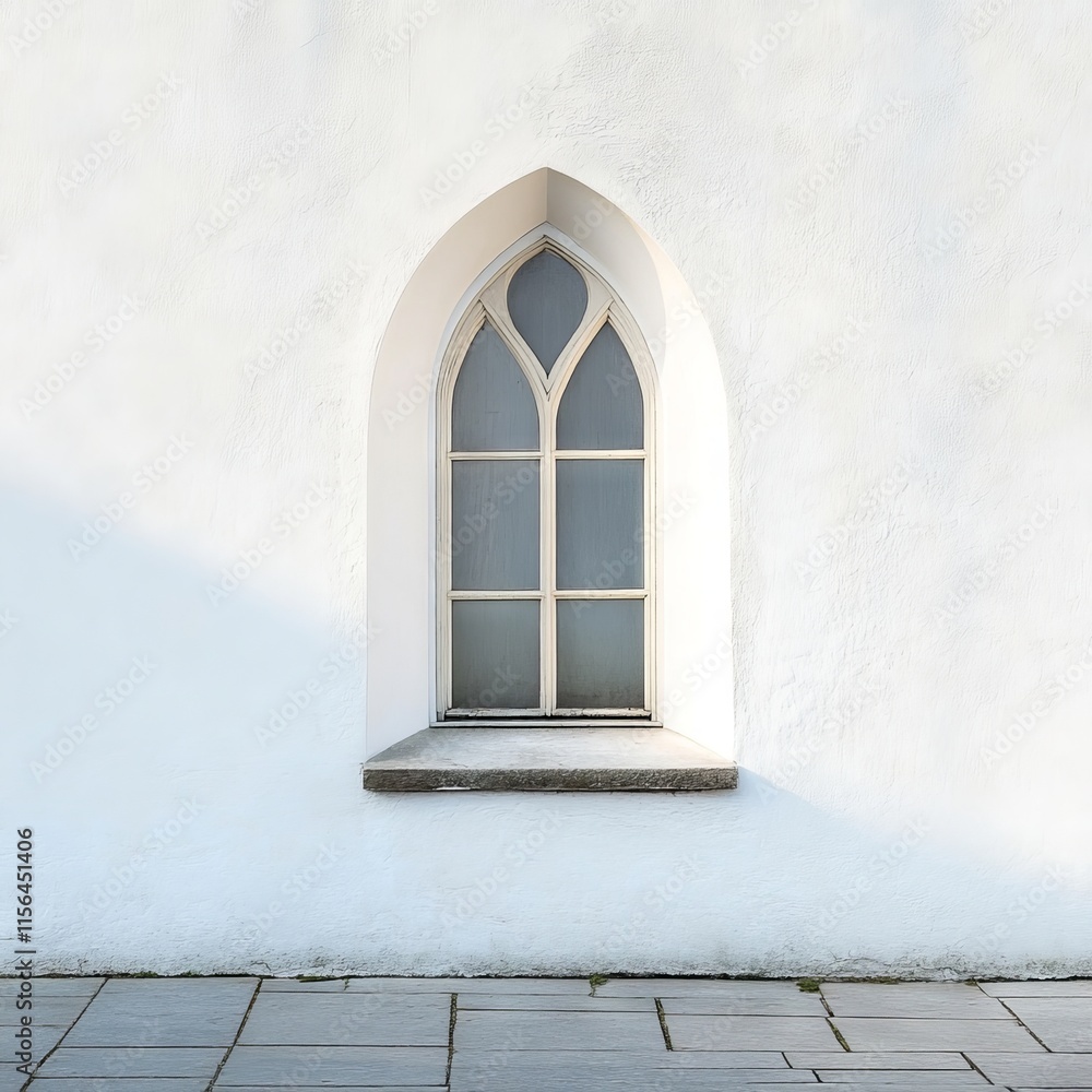 Poster a window with a white frame sits in front of a white wall. the window is small and has a pointed arc