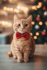 Adorable Ginger Kitten in a Red Bow Tie, Christmas Lights Background