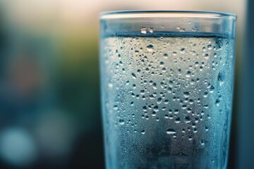 A glass of water with condensation on the outside. The water is clear and the glass is half full
