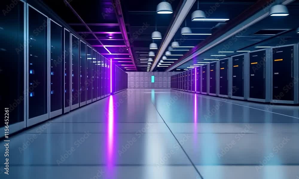 Poster abstract data server room with colorful blurred lights.