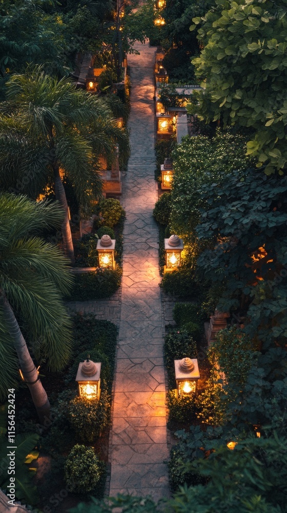 Poster a path with lights on it. the lights are on the ground. the path is in a garden