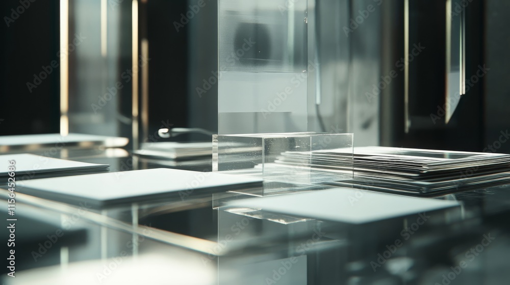 Poster a table with a glass block on it. the table is covered with white paper. there is a pen on the table