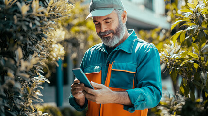 professional landscaper in uniform using their phone to access the internet. Outdoors. Bright and colorful with blue and grey. Construction Worker Using Smartphone