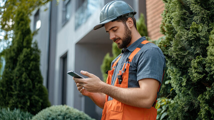 professional landscaper in uniform using their phone to access the internet. Outdoors. Bright and colorful with blue and grey. Construction Worker Using Smartphone