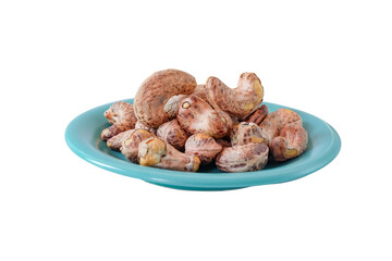 Roasted salted cashew nuts on white background.