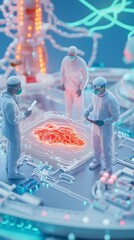 Fototapeta premium Health info, patient and management: Multi-ethnic team of doctors in a discussion over a holographic patient model, teamwork and tech.