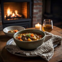 "Winter Comfort: A Cozy Bowl of Galbitang by the Fireplace on a Cold Day"
