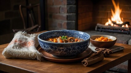 "A Warm Bowl of Galbitang: Comforting Beef Soup by the Fireplace on a Cold Winter Day"