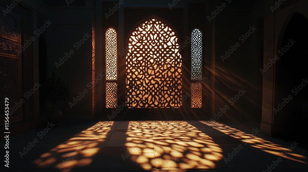Poster a room with a window and a light shining through it. the light is casting a shadow on the floor