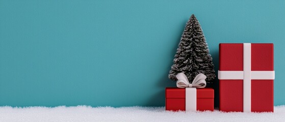Fototapeta premium Festive Red Christmas Gifts Snowy Scene Winter Holiday Background